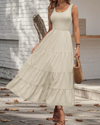 Serena Vestido Midi Mujer – Sin Mangas, Volantes, Cuello Cuadrado y Corte Fluido