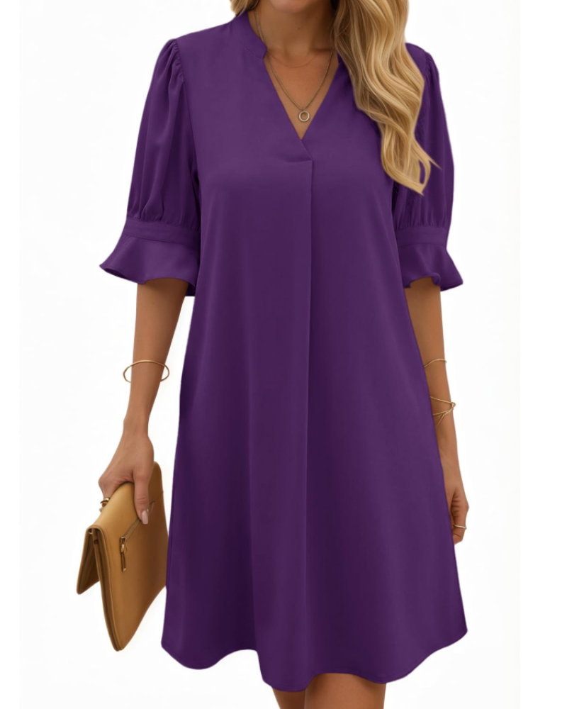 Clara Vestito Midi Donna – Scollo a V, Maniche Arricciate e Design a Colore Unito