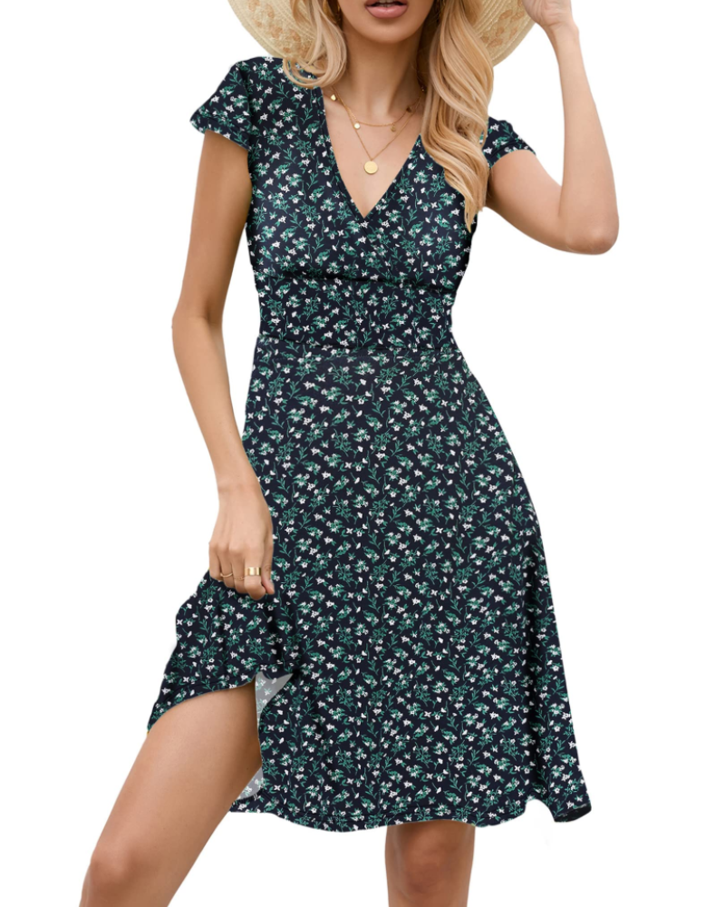 Riley Robe Ligne A Femme – Col en V, Manches Courtes et Tissu Jersey Élastique