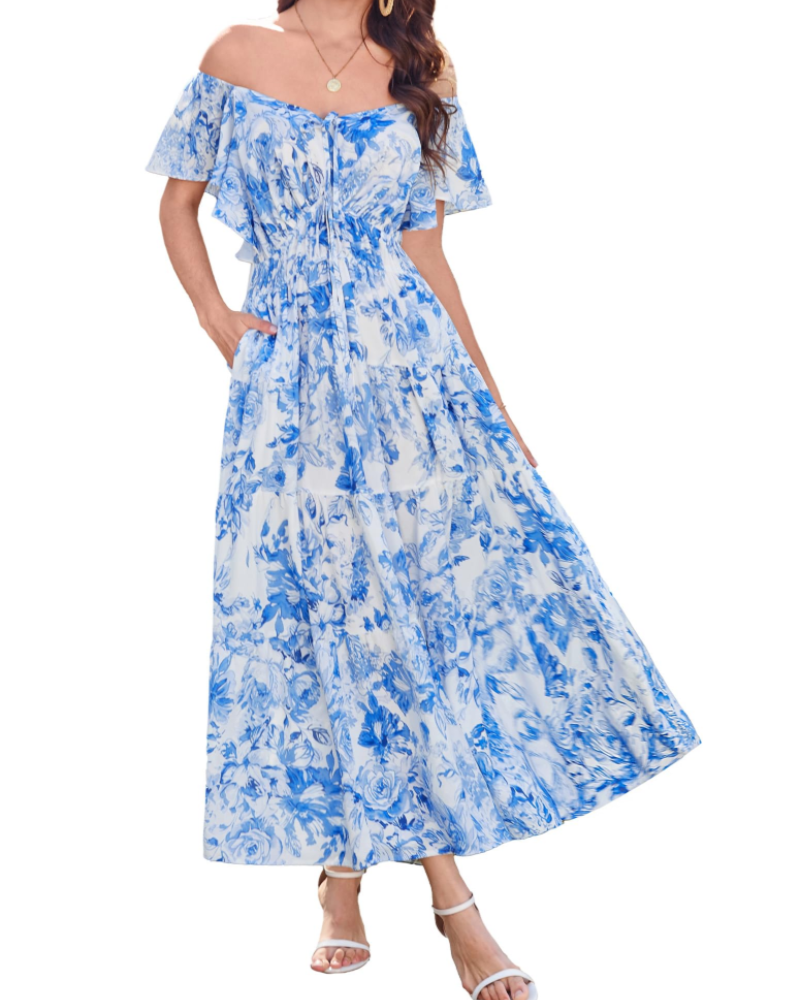 Robe Maxi Florale Camryn Femme – Col en V, Volants et Taille Élastique