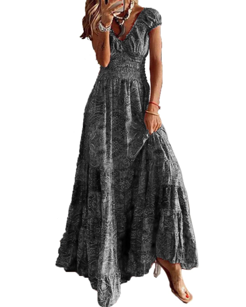 Elara Vestito Maxi Donna – Scollo a V, Stampa Floreale e Vita Elastica