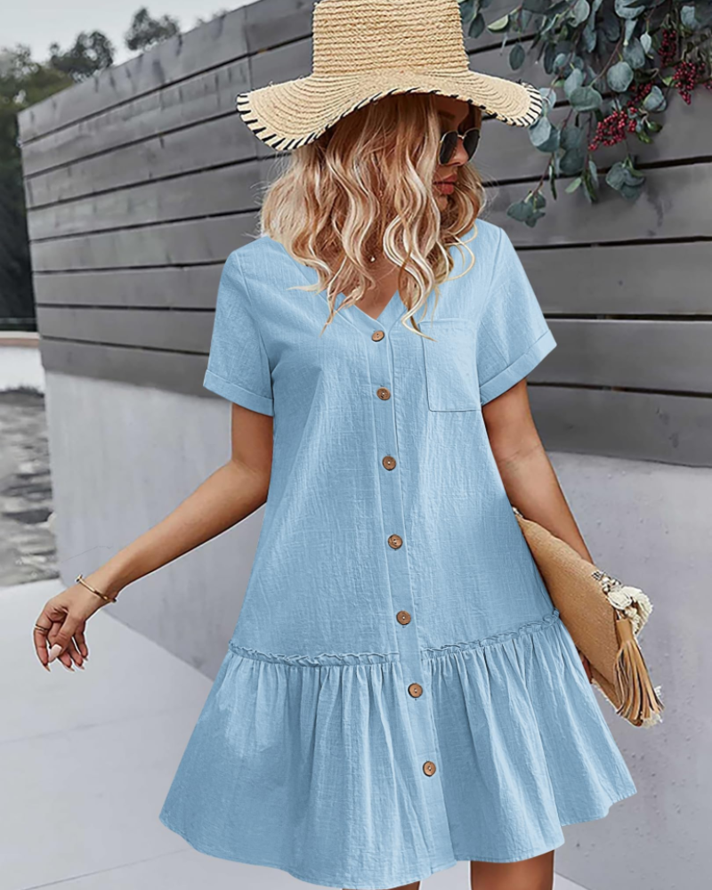 Iris Vestido Mujer Algodón y Lino – Cuello en V, Botones de Madera y Falda Plisada