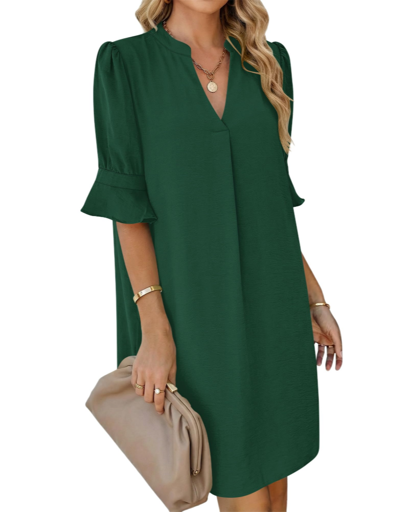 Robe chemise Juliet pour femme – Col en V, manches volantées, coupe ligne A et poches