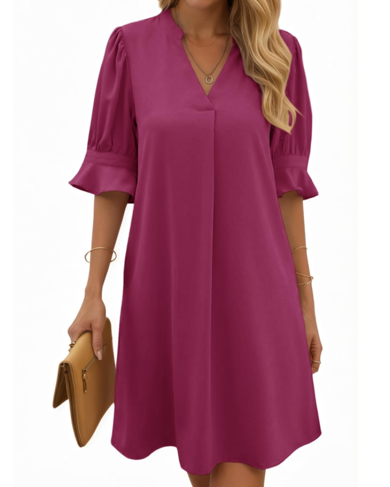 Clara Vestito Midi Donna – Scollo a V, Maniche Arricciate e Design a Colore Unito