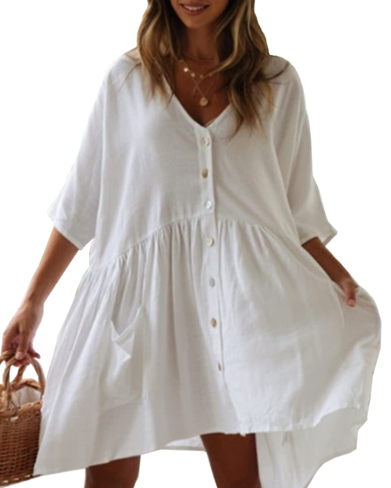 Robe de Plage Naomi pour Femme – Rayonne Légère, Col en V, Poches et Coupe Oversize