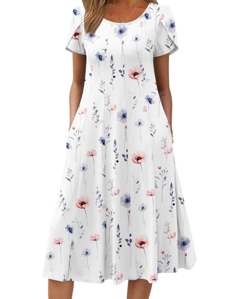 Harper Vestito Midi Donna – Taglio a A, Manica Corta, Tasche e Stampa Floreale