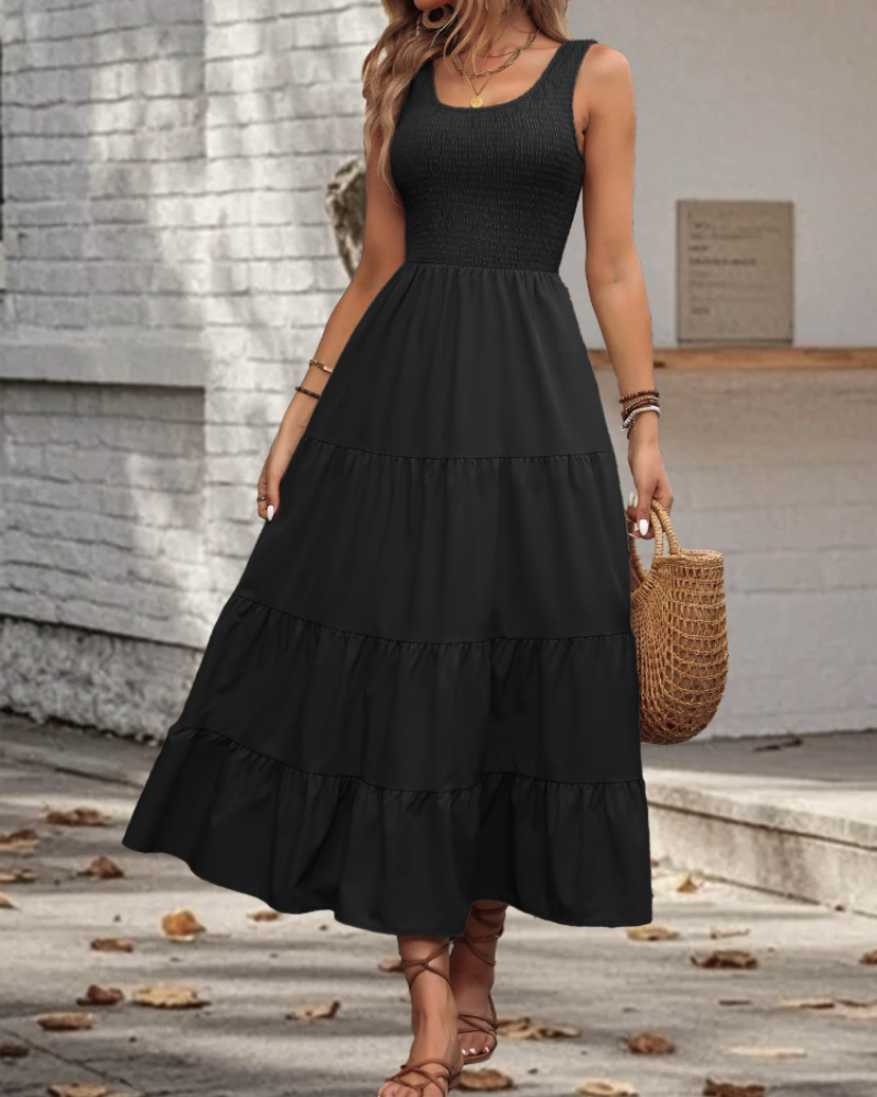 Serena Vestido Midi Mujer – Sin Mangas, Volantes, Cuello Cuadrado y Corte Fluido