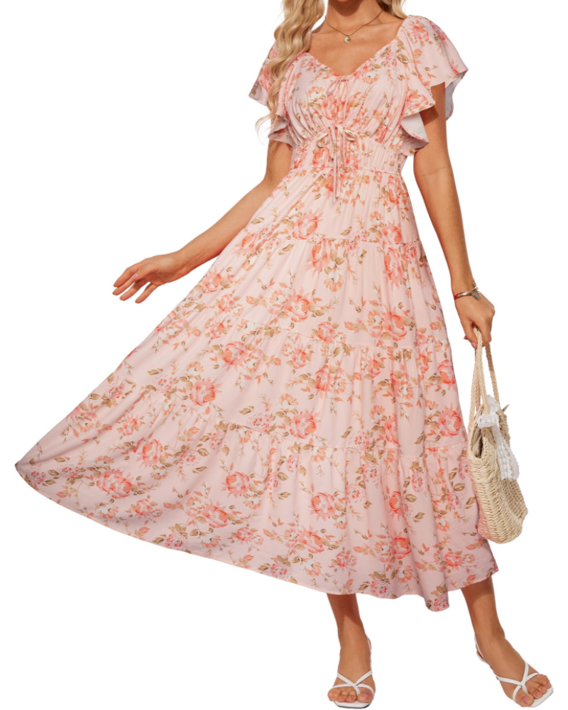 Robe Maxi Florale Camryn Femme – Col en V, Volants et Taille Élastique