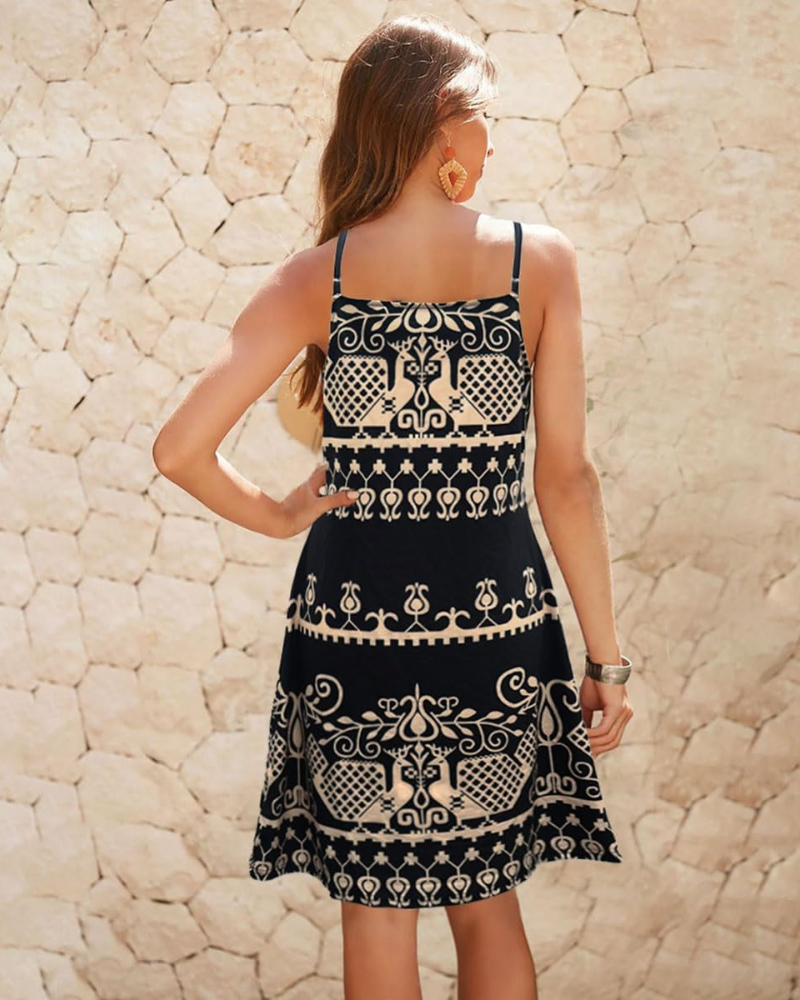 Rowena Vestito Halter Boho Donna – Stampa Etnica, Spalline Regolabili e Lunghezza Midi