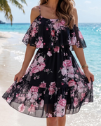 Daisy Vestido Mini Mujer – Floral, Hombros Descubiertos, Tirantes y Volantes