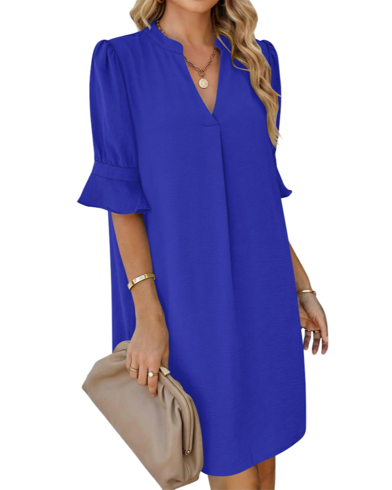 Robe chemise Juliet pour femme – Col en V, manches volantées, coupe ligne A et poches