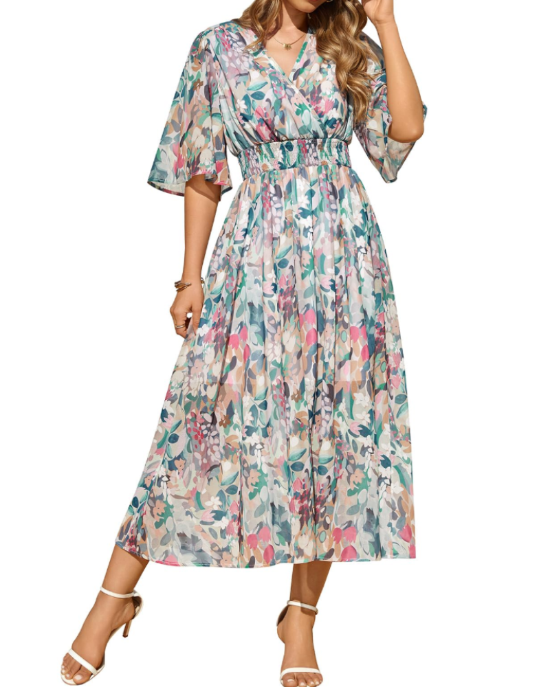 Penelope Vestido Maxi Mujer – Cuello en V, Cintura Elástica y Estampado Floral