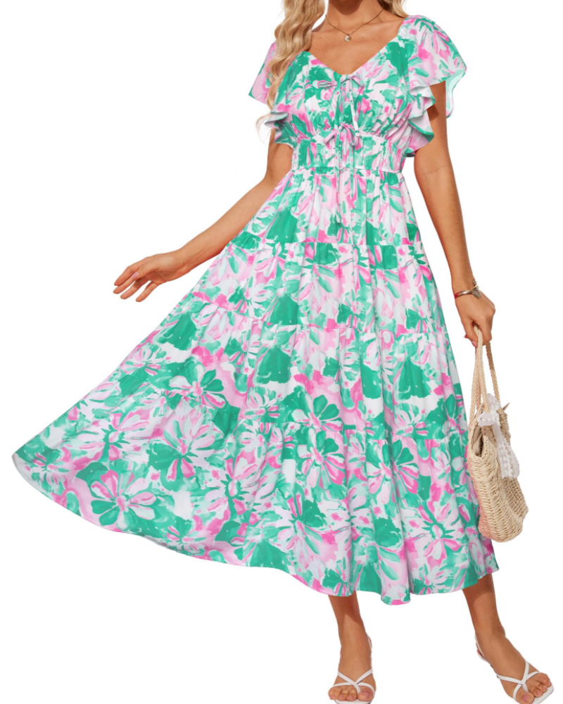 Robe Maxi Florale Camryn Femme – Col en V, Volants et Taille Élastique