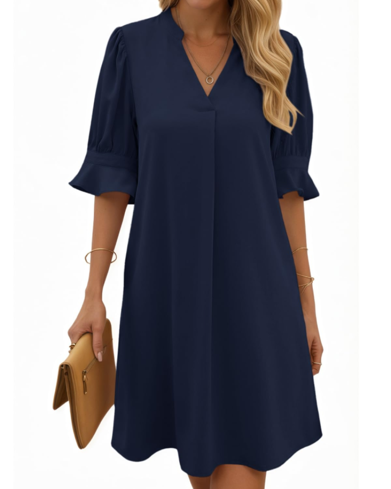 Clara Vestito Midi Donna – Scollo a V, Maniche Arricciate e Design a Colore Unito