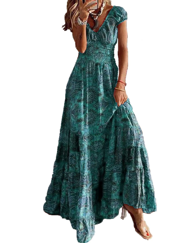 Elara Vestito Maxi Donna – Scollo a V, Stampa Floreale e Vita Elastica
