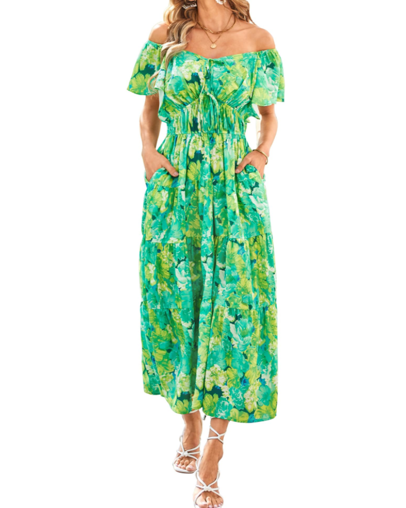 Robe Maxi Florale Camryn Femme – Col en V, Volants et Taille Élastique