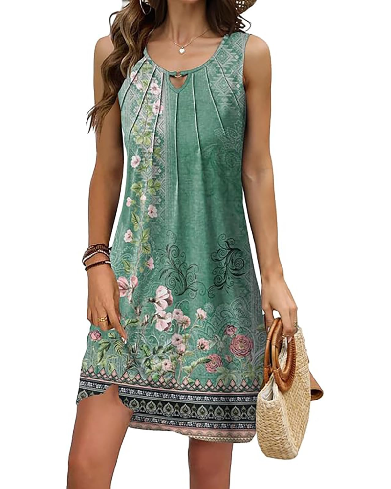 Robe Mini Florale Evelyn Femme – Col V, Sans Manches, Boutons et Coupe Ligne A