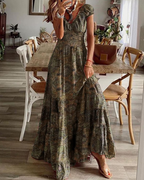 Elara Vestido Maxi Mujer – Cuello en V, Estampado Floral y Cintura Elástica