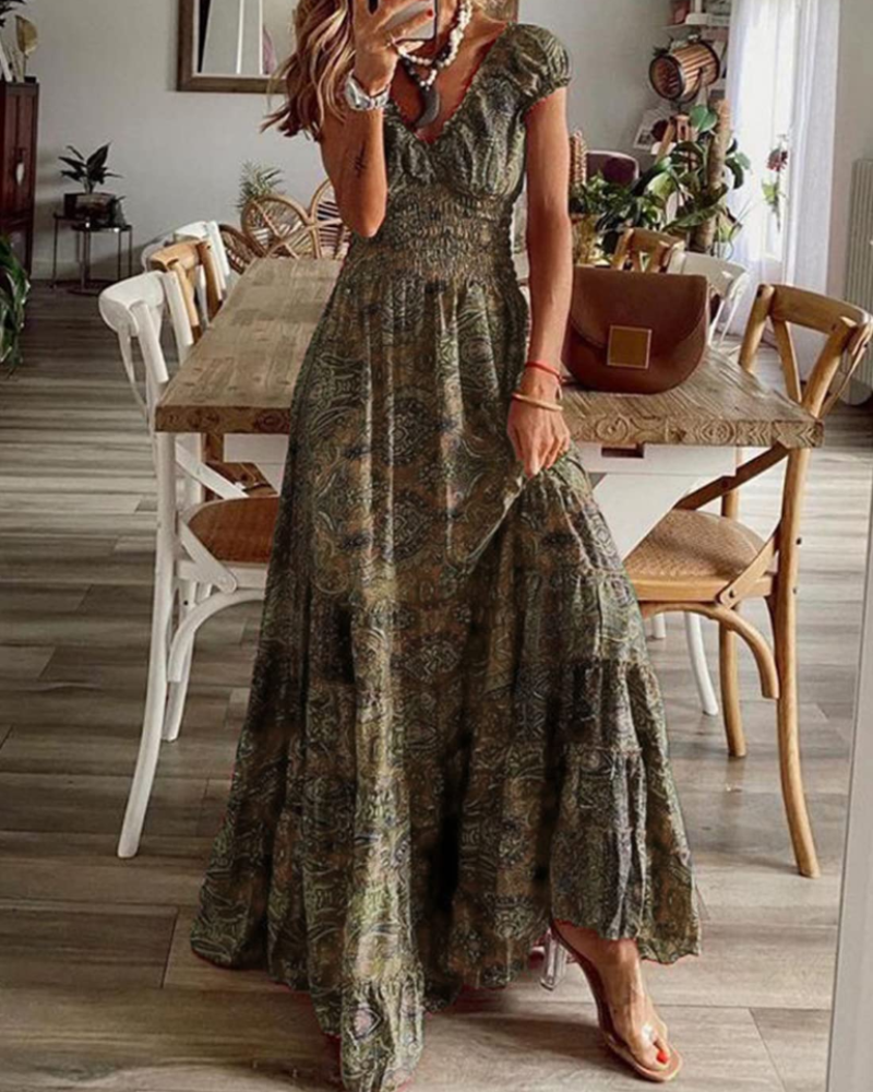 Elara Vestido Maxi Mujer – Cuello en V, Estampado Floral y Cintura Elástica