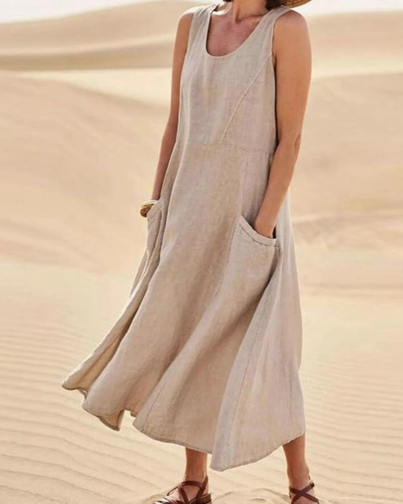 Lydia Vestido Maxi Mujer – Sin Mangas, Corte Holgado y Bolsillos Laterales