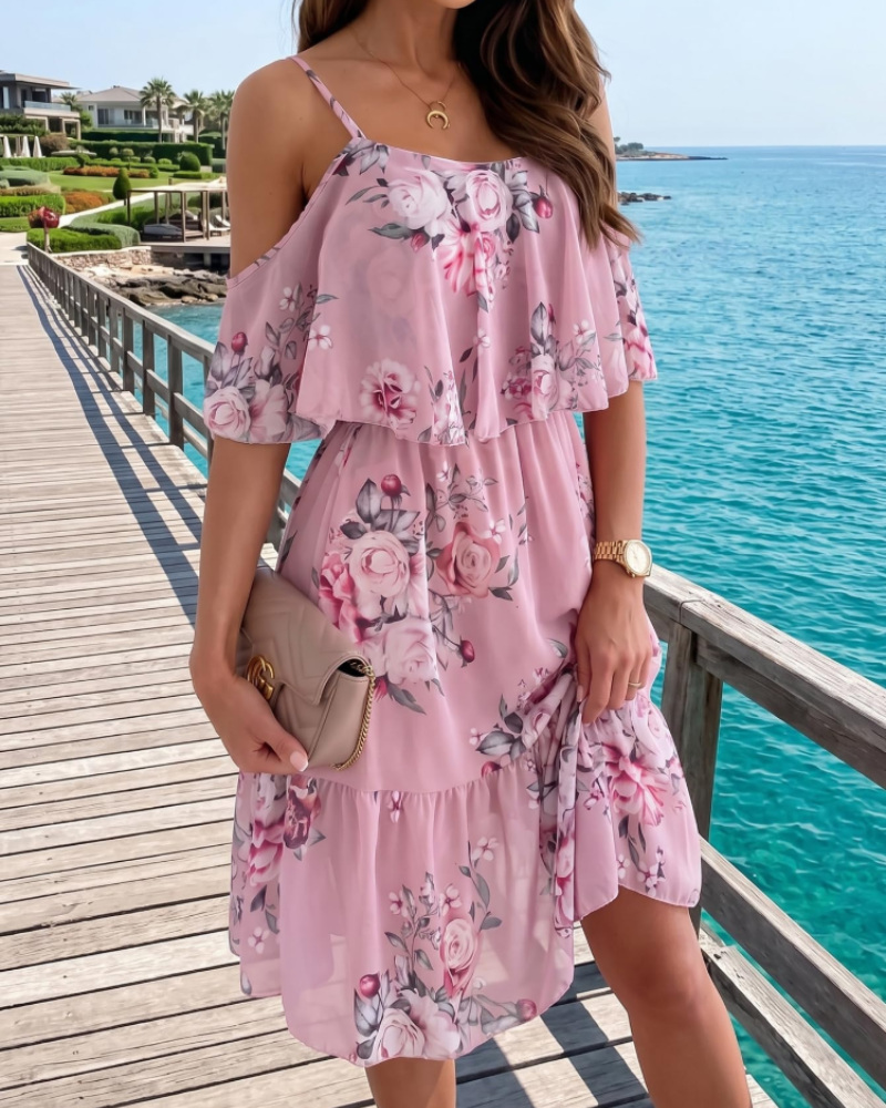 Daisy Vestido Mini Mujer – Floral, Hombros Descubiertos, Tirantes y Volantes