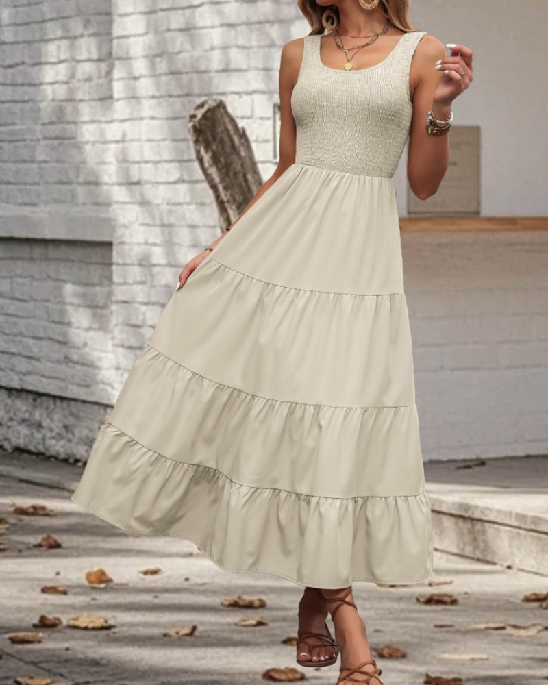 Serena Vestido Midi Mujer – Sin Mangas, Volantes, Cuello Cuadrado y Corte Fluido