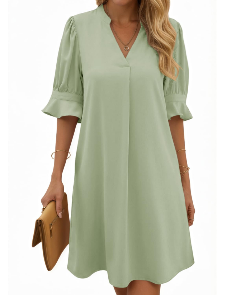Clara Vestito Midi Donna – Scollo a V, Maniche Arricciate e Design a Colore Unito