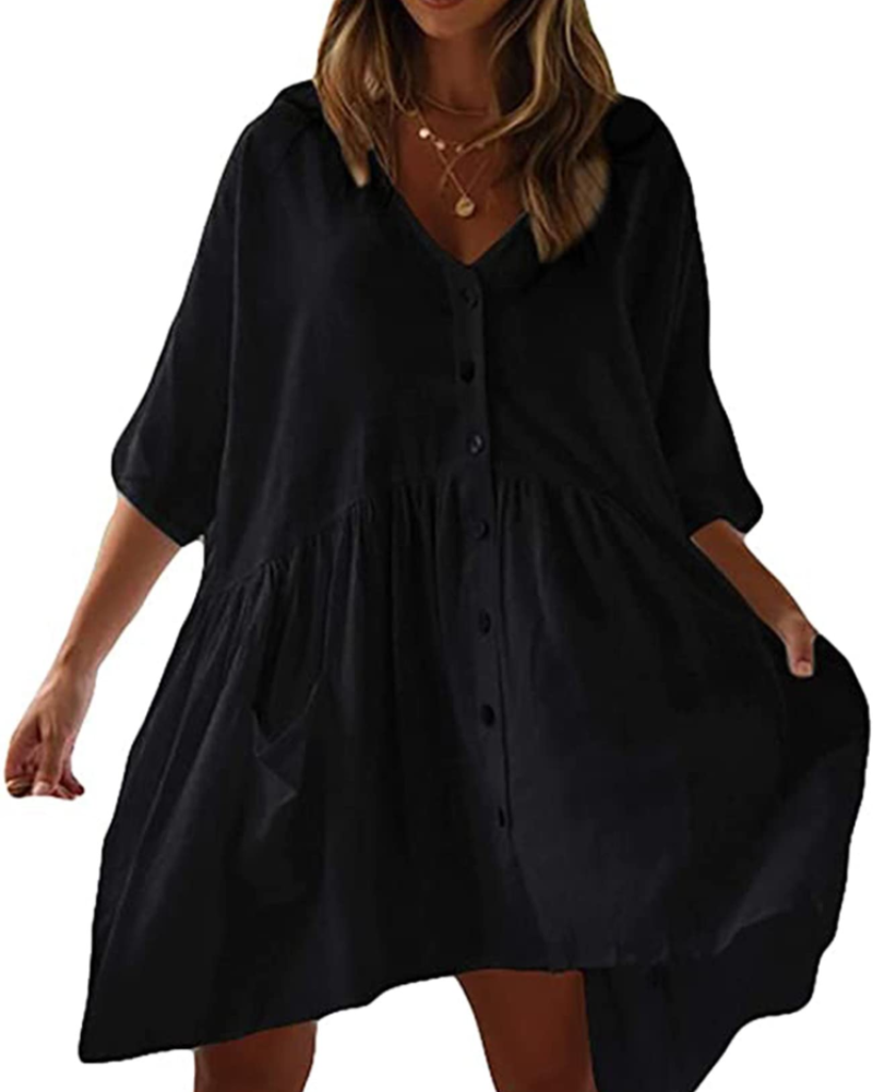 Robe de Plage Naomi pour Femme – Rayonne Légère, Col en V, Poches et Coupe Oversize