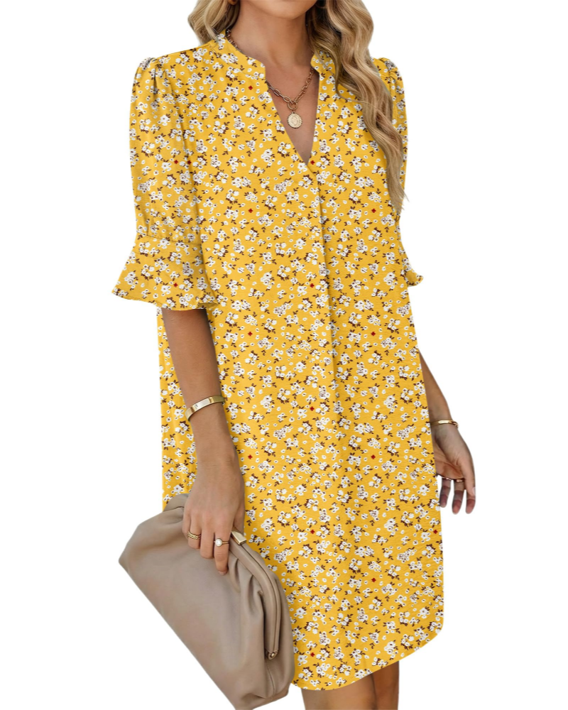 Robe chemise Juliet pour femme – Col en V, manches volantées, coupe ligne A et poches