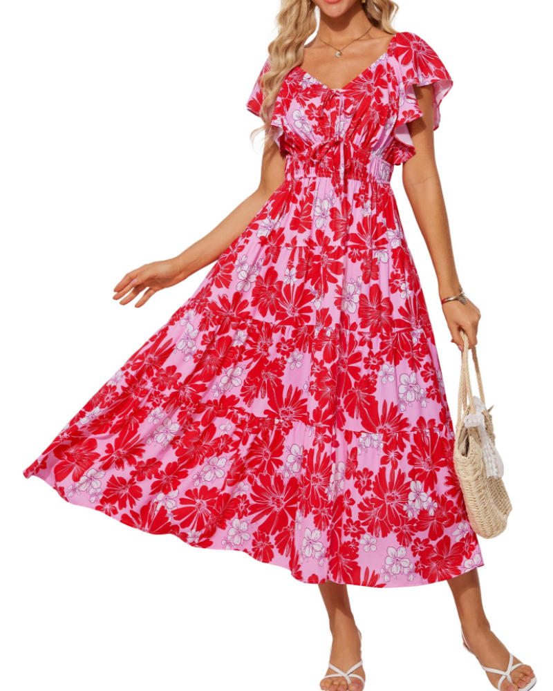 Robe Maxi Florale Camryn Femme – Col en V, Volants et Taille Élastique