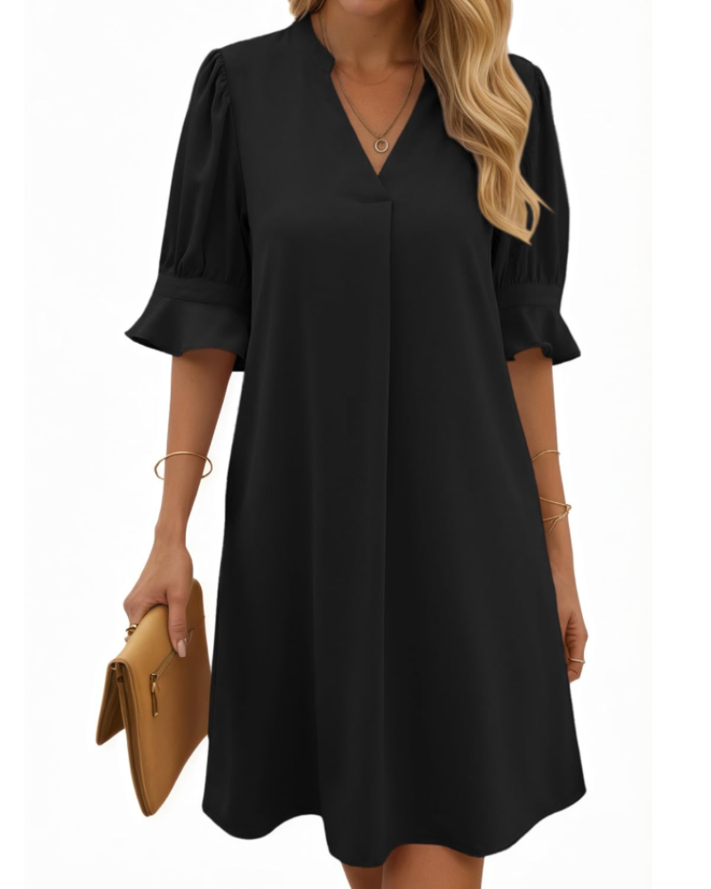 Clara Vestito Midi Donna – Scollo a V, Maniche Arricciate e Design a Colore Unito