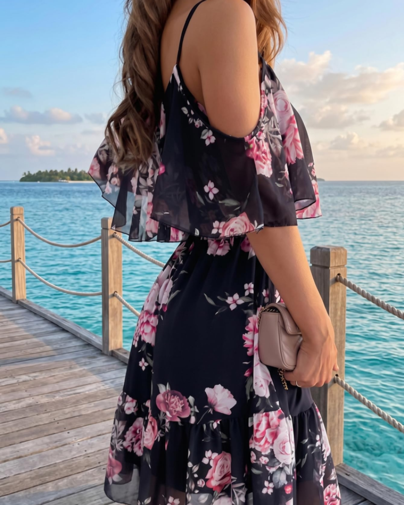 Daisy Vestido Mini Mujer – Floral, Hombros Descubiertos, Tirantes y Volantes