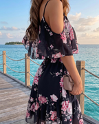 Daisy Vestido Mini Mujer – Floral, Hombros Descubiertos, Tirantes y Volantes