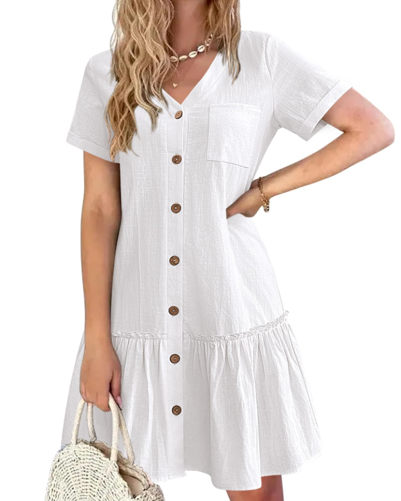 Iris Vestito Donna Cotone e Lino – Collo a V, Bottoni in Legno e Gonna Plissettata