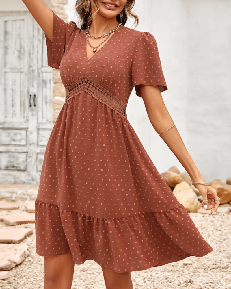 Fiona Vestido Mini Lunares Mujer – Cuello en V, Volantes y Corte Línea A