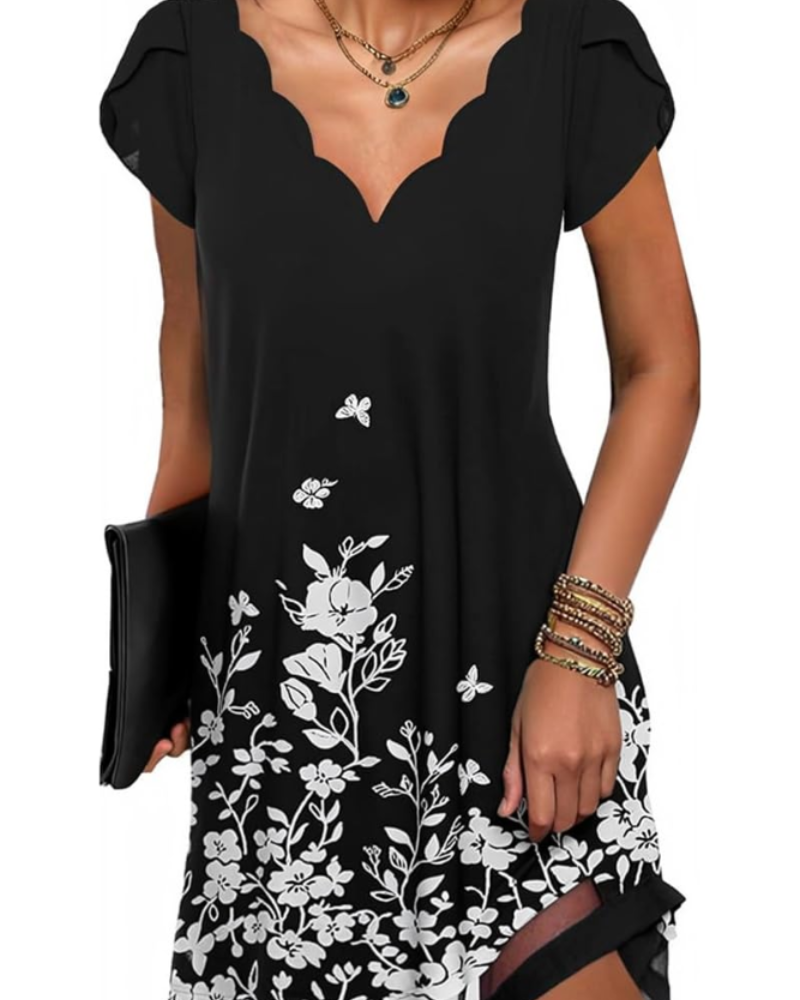 Ruby Vestido Mini Mujer – Cuello en V, Manga Corta, Estampado y Corte Relajado