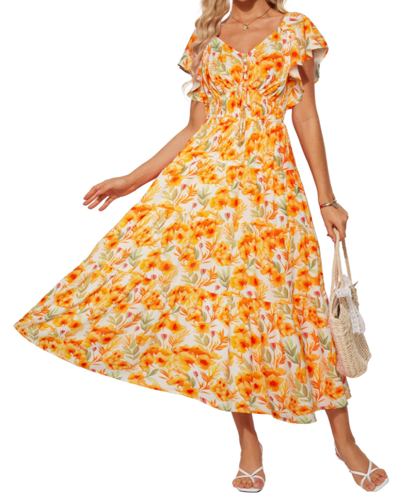 Robe Maxi Florale Camryn Femme – Col en V, Volants et Taille Élastique
