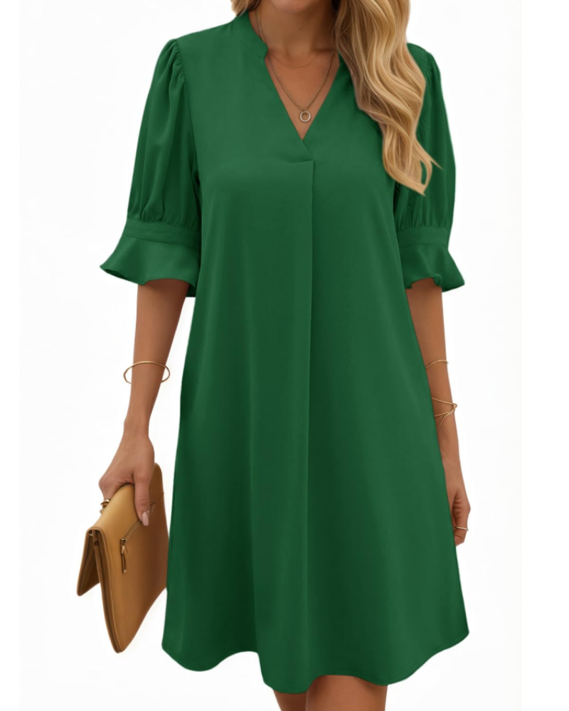 Clara Vestito Midi Donna – Scollo a V, Maniche Arricciate e Design a Colore Unito
