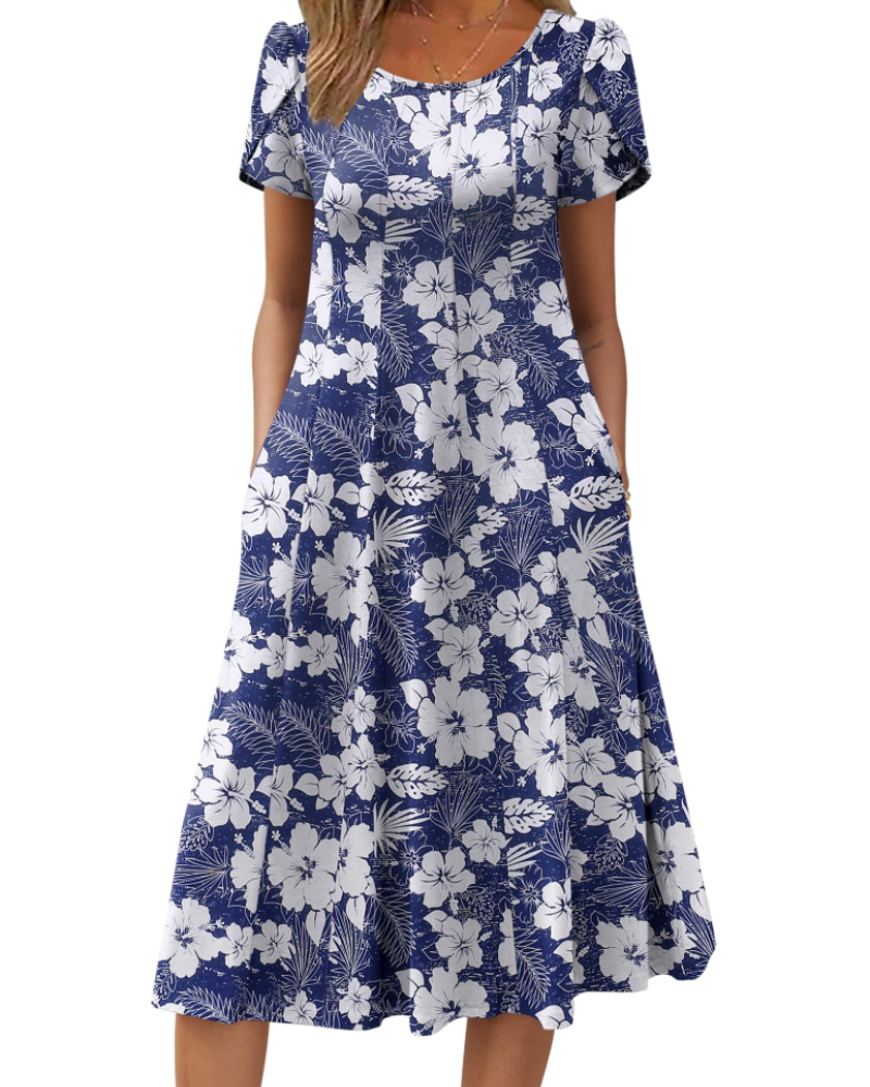 Harper Vestito Midi Donna – Taglio a A, Manica Corta, Tasche e Stampa Floreale