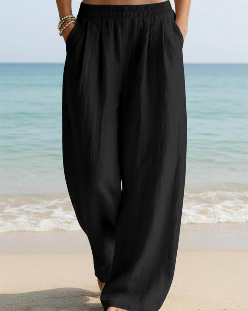 Grace Pantalón Palazzo Mujer – Algodón Lino, Cintura Alta y Pierna Ancha