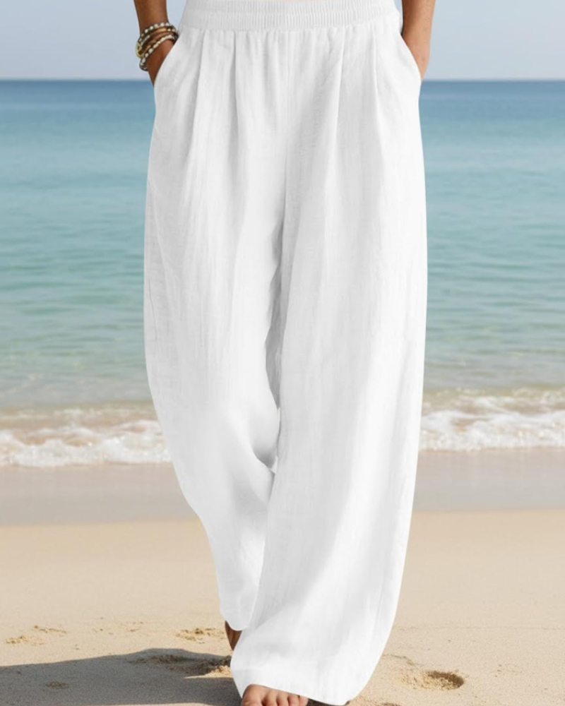 Grace Pantalón Palazzo Mujer – Algodón Lino, Cintura Alta y Pierna Ancha