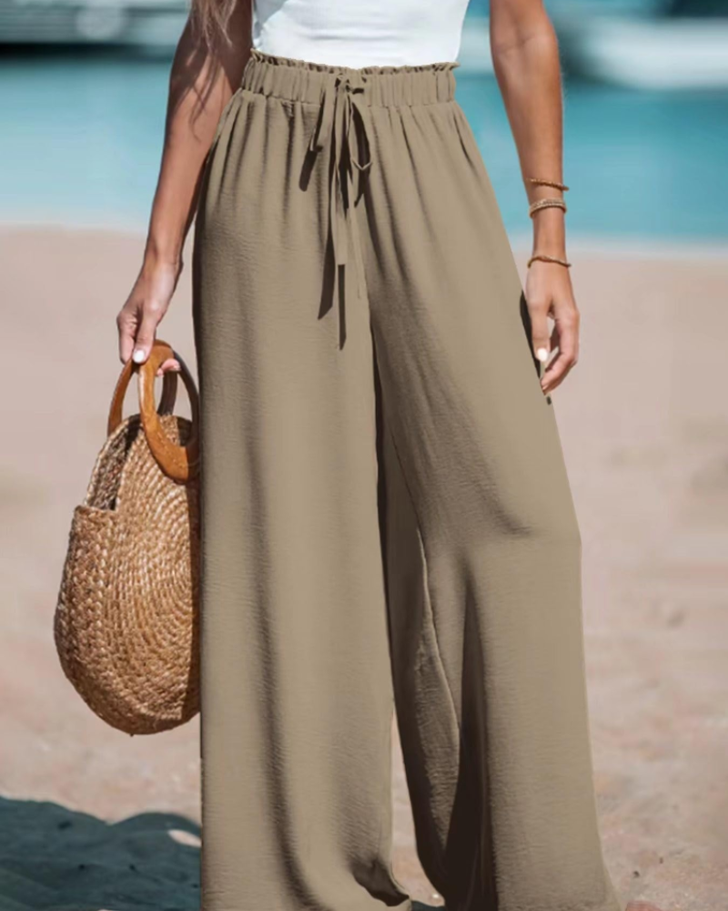 Caroline Pantalón Palazzo Mujer – Cintura Alta, Pierna Extra Ancha y Cordón Ajustable