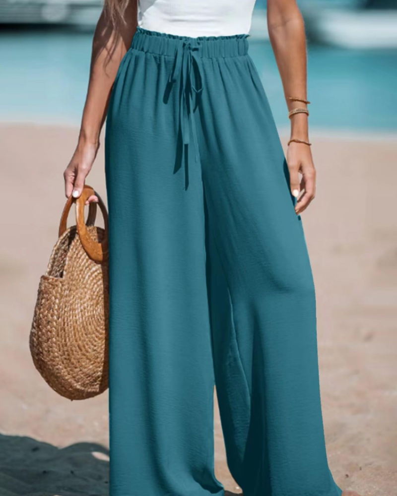 Caroline Pantalón Palazzo Mujer – Cintura Alta, Pierna Extra Ancha y Cordón Ajustable