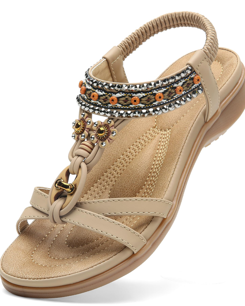 Sandales Ivy Boho Femme – Bride en T, Bijoux, Semelle Intérieure Rembourrée et Semelle TPR