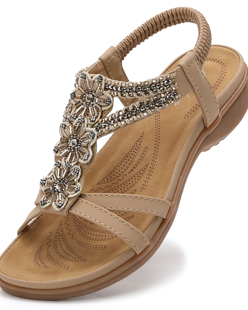 Sandales Boho Elise pour Femme – Bride en T, Détail Floral, Sangle Élastique et Semelle TPR