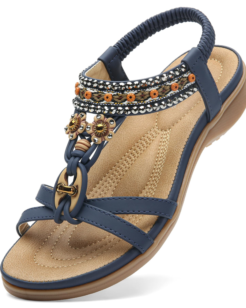Sandales Ivy Boho Femme – Bride en T, Bijoux, Semelle Intérieure Rembourrée et Semelle TPR