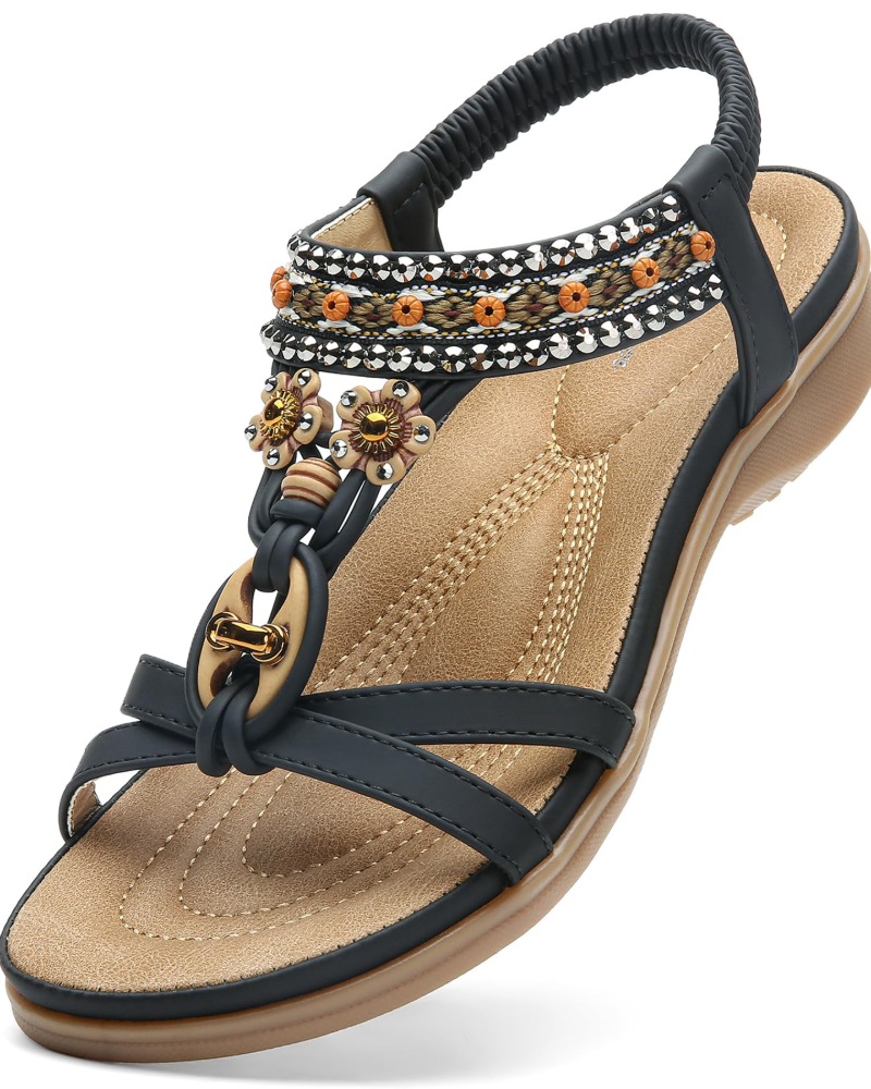 Ivy Sandali Boho Donna – T-Strap, Pietre Decorative, Plantare Imbottito e Suola TPR