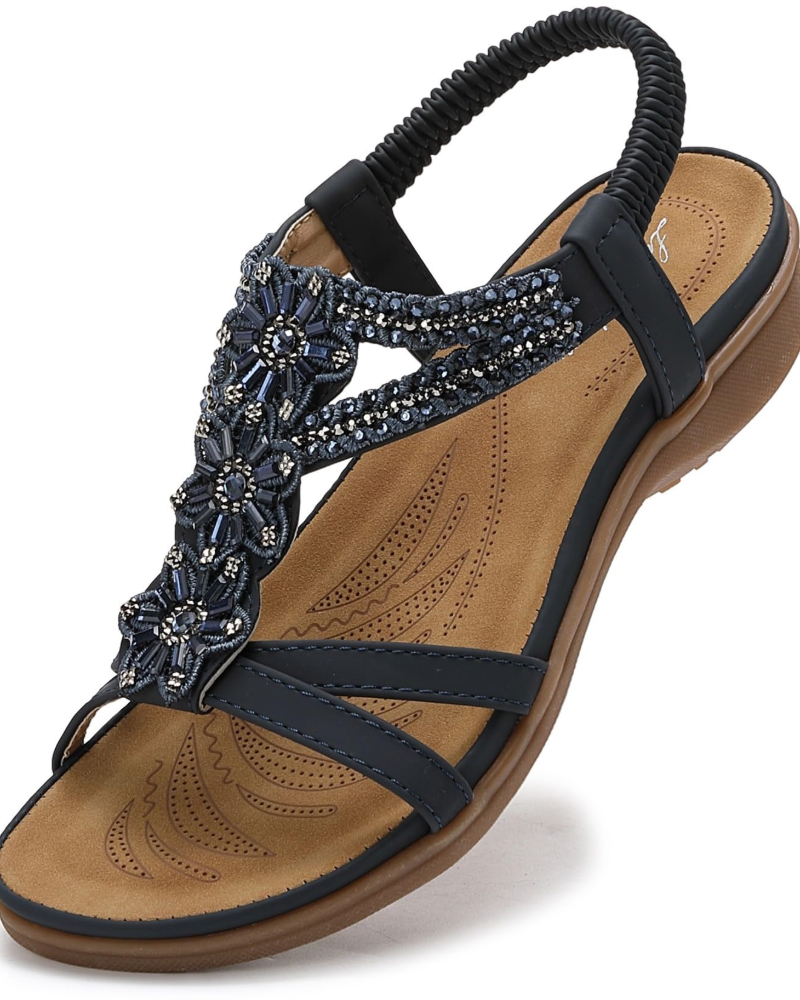 Sandales Boho Elise pour Femme – Bride en T, Détail Floral, Sangle Élastique et Semelle TPR