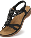Elise Sandalias Boho Mujer – T-Strap, Detalle Floral, Correa Elástica y Suela TPR