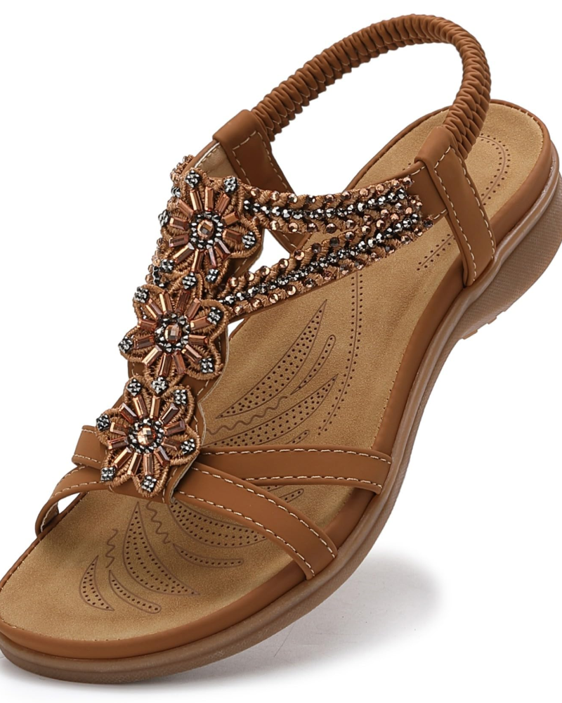 Sandales Boho Elise pour Femme – Bride en T, Détail Floral, Sangle Élastique et Semelle TPR